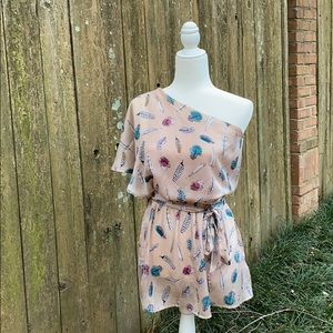 Pink One Shoulder Blouse with Feathers